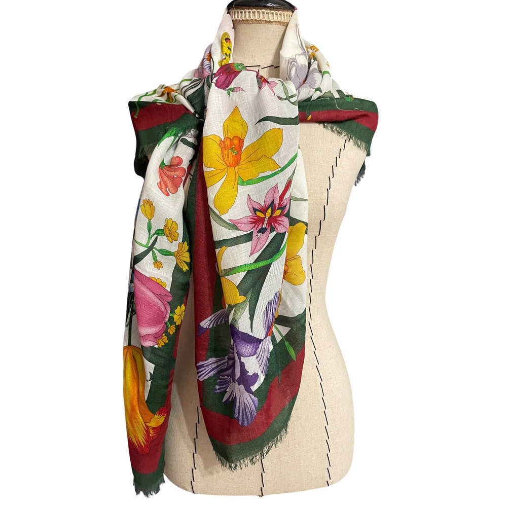 NWT Gucci Flora‎ Silk Blend Shawl Scarf Cream Green Border Floral Botanical